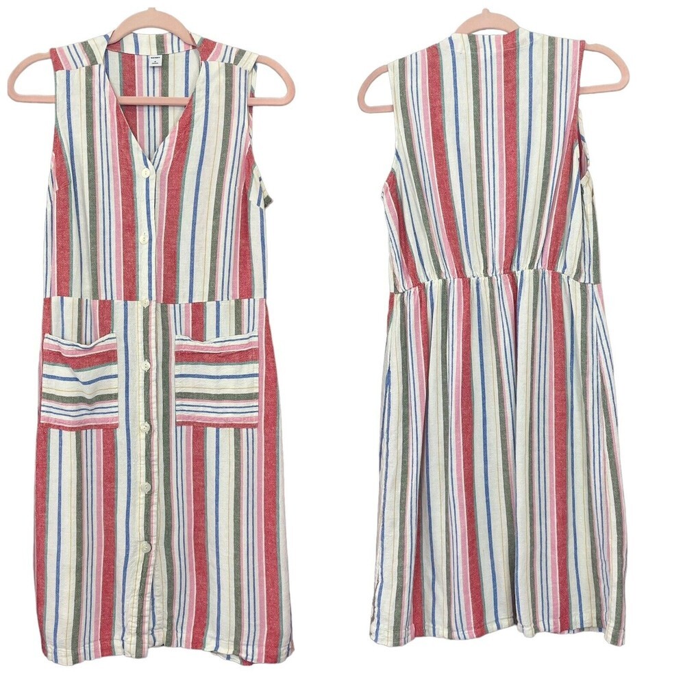 Old Navy Multicolor Striped Linen Blend Sleeveless Button Down Midi Dress M